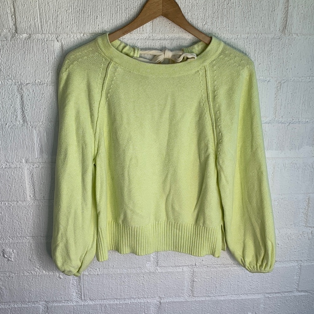 Anthropologie Emily Puff-Sleeved Knit Tie Back Neon Green Sweater sz S - Picture 4 of 9